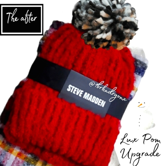 Steve Madden Holiday Gift Set Beanie Hat & Blanket Plaid Scarf Upgraded Lux Pom - Picture 2 of 14